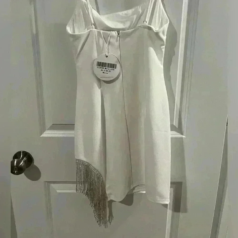 Selfie Leslie CALL ON ME DIAMANTE FRINGE MINI DRESS WHITE - Picture 7 of 9
